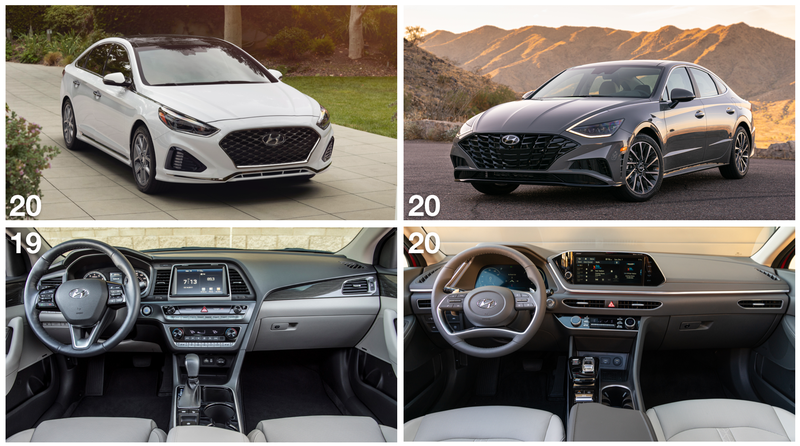 The exterior and interior stylings of the 2019 Sonata (left) and 2020 Sonata (right).
